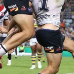 SYDNEY, AUSTRALIA - MARCH 29: James Tedesco of the Roosters celebrates scoring a try with team mate Joseph Manu of the Roosters during the round three NRL match between the Parramatta Eels and the Sydney Roosters at ANZ Stadium on March 29, 2019 in Sydney, Australia. (Photo by Mark Metcalfe/Getty Images)