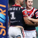 SYDNEY, AUSTRALIA - MAY 04: Luke Keary of the Roosters (R) celebrates with James Tedesco (L) after scoring a try during the round eight NRL match between the Sydney Roosters and the Wests Tigers at Sydney Cricket Ground on May 04, 2019 in Sydney, Australia. (Photo by Matt King/Getty Images)
