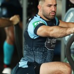 SYDNEY, AUSTRALIA - JULY 08: James Tedesco stretches during a New South Wales Blues State of Origin training session at the NSWRL Centre of Excellence on July 08, 2019 in Sydney, Australia. (Photo by Matt King/Getty Images)