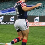 SYDNEY, AUSTRALIA - JUNE 15: Blake Ferguson of the Roosters (R) celebrates a try with James Tedesco during the round 15 NRL match between the Sydney Roosters and the Penrith Panthers at Allianz Stadium on June 15, 2018 in Sydney, Australia. (Photo by Mark Evans/Getty Images)